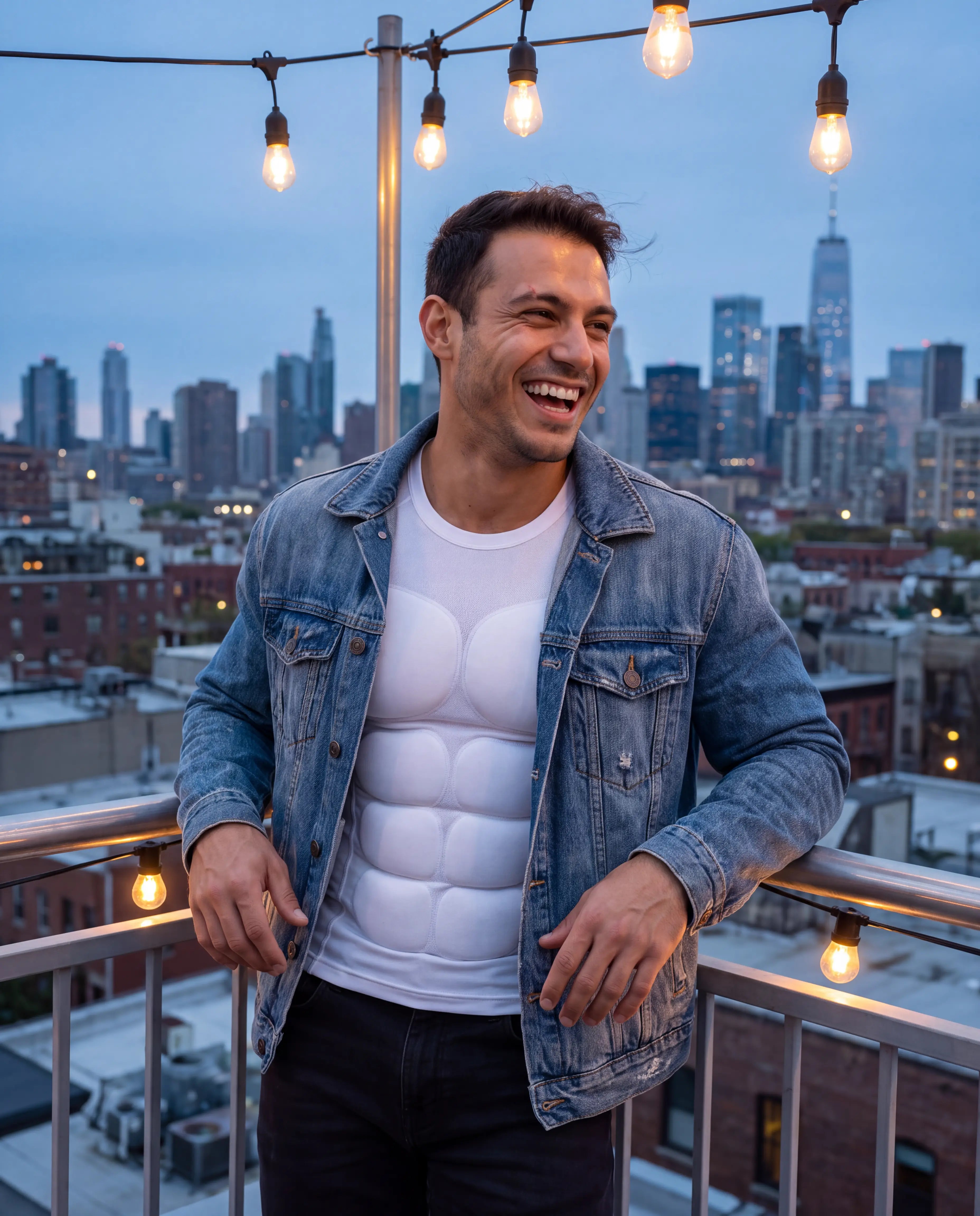 Denim jacket: REVYVE Alpha Sculpt Tee worn underneath