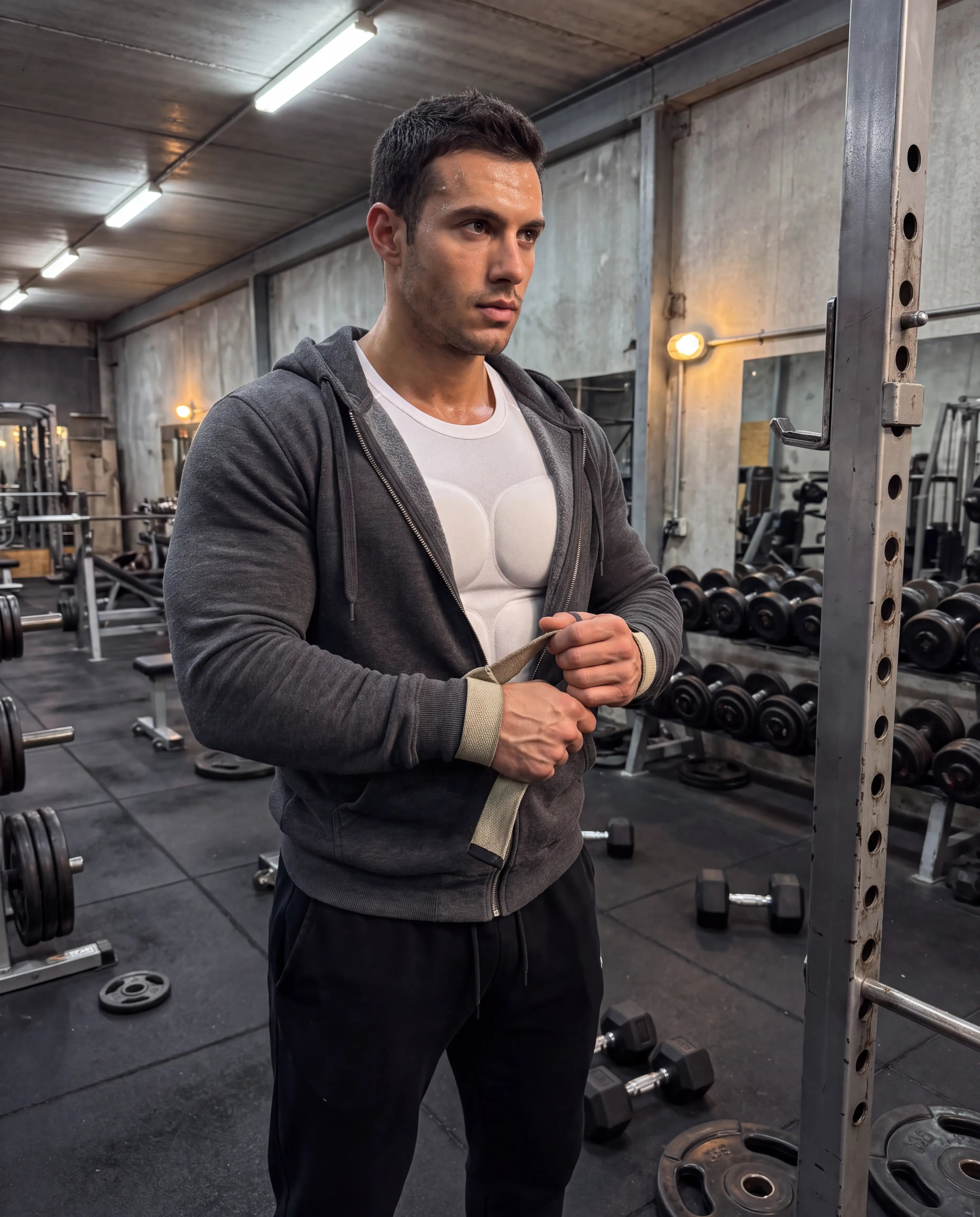 Gym hoodie: REVYVE Alpha Sculpt Tee worn underneath