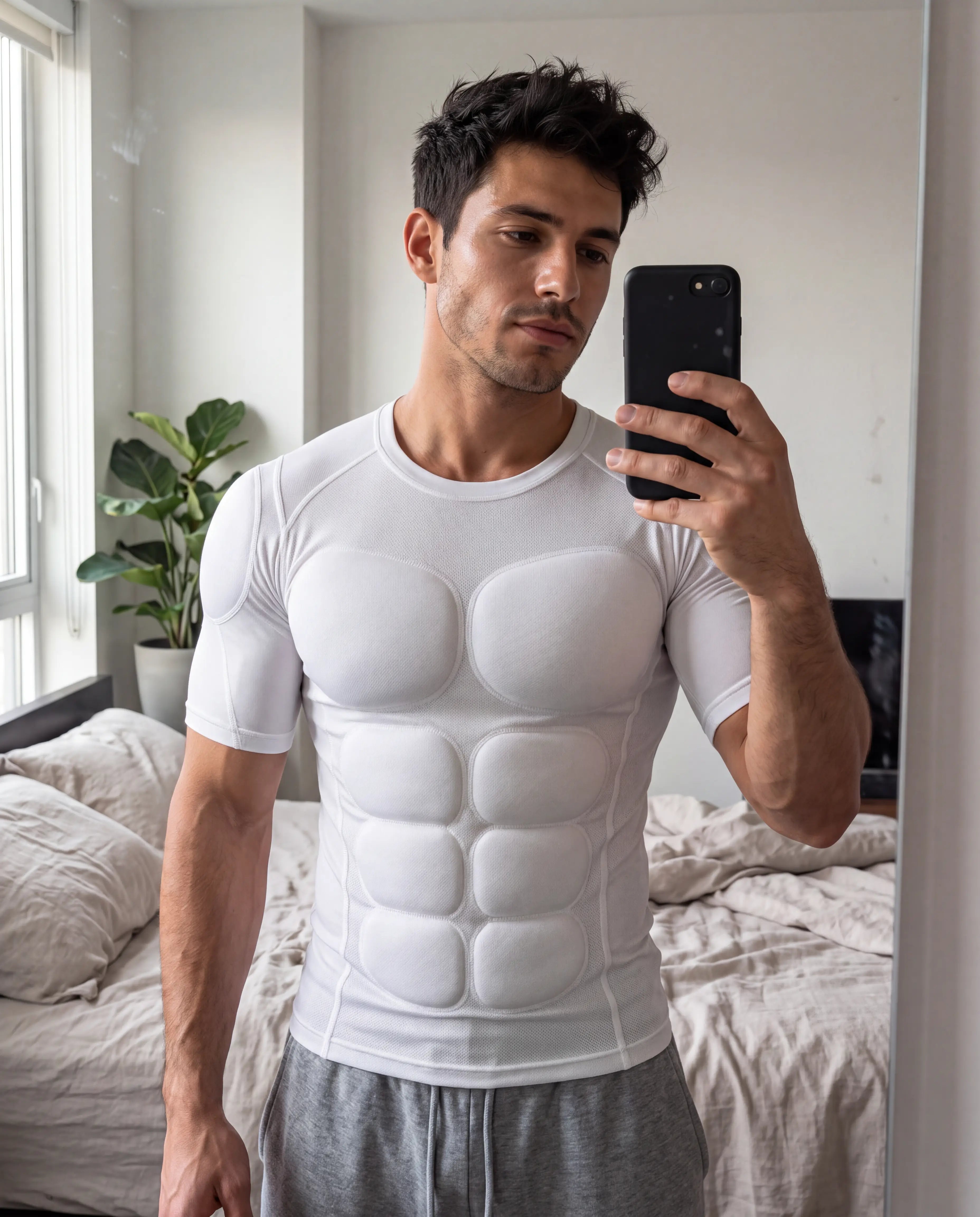 Mirror selfie: REVYVE Alpha Sculpt Tee worn underneath