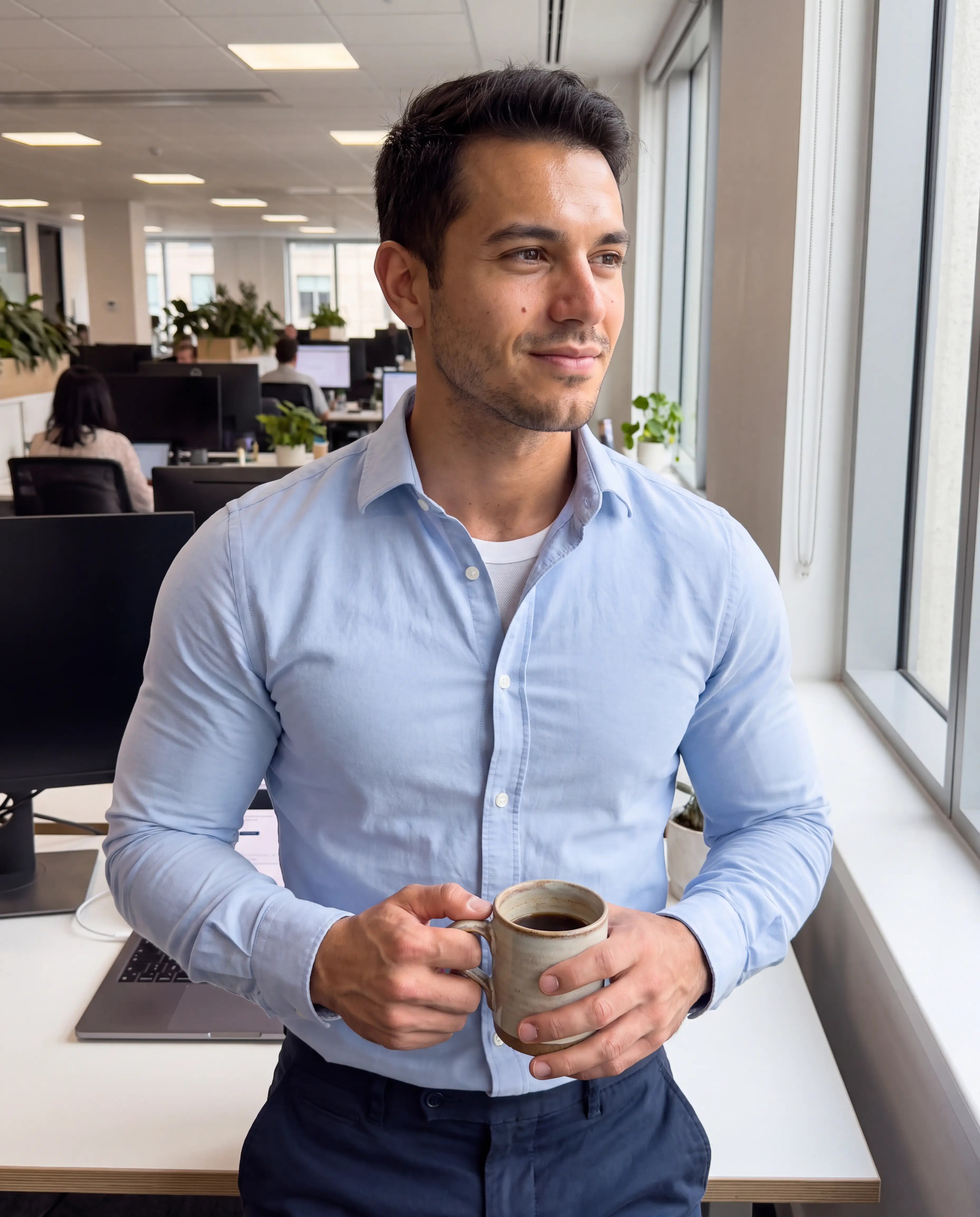 Office shirt: REVYVE Alpha Sculpt Tee worn underneath